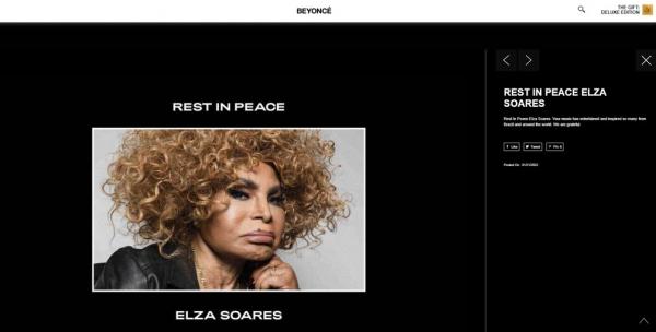 BeyoncÃ© homenageia Elza Soares: 'Inspirou muitos no Brasil e ao redor do mundo'