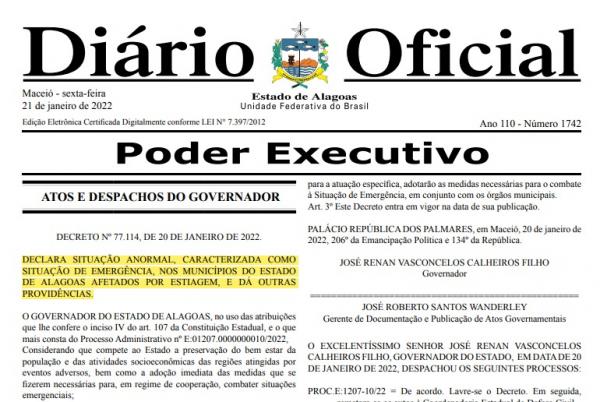 Governo de Alagoas declara situaÃ§Ã£o de emergÃªncia em 42 municÃ­pios alagoanos