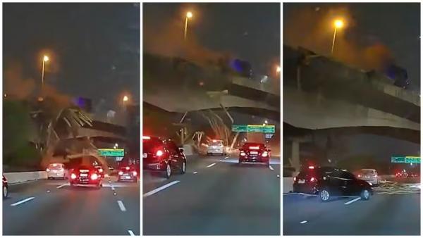 VÍDEO: Motorista flagra momento que caminhão bate em viaduto e carga cai sobre carros na Marginal Tietê