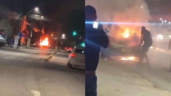 [Vídeo] Carro pega fogo na Avenida Juca Sampaio; Corpo de Bombeiros controla incêndio durante a madrugada