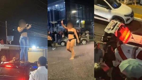 [Vídeo] Mulher em surto causa confusão e fica seminua em frente ao Cesmac, em Maceió